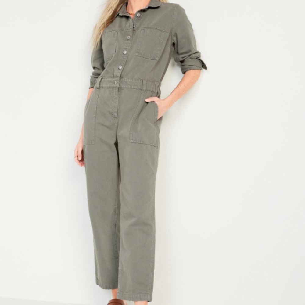 Old Navy Green Long-Sleeve Jean Utility Jumpsuit